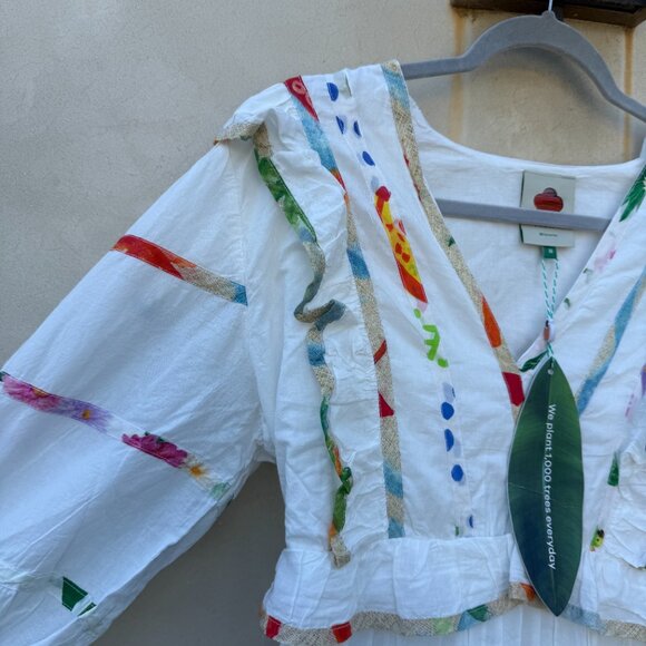 NWT Farm Rio Midi Dress Mixed Prints Off White V-Neck Short Puff Sleeves Ruffled - Picture 6 of 8